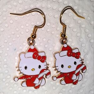 Hello Kitty Winter Holiday Candy Cane Earrings.Red Whte Gold Enamel Earw…
